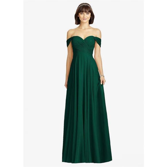 Dessy Collection New 2970 Off The Shoulder Draped Maxi Gown Dress Hunter 0 Reg - Picture 1 of 12